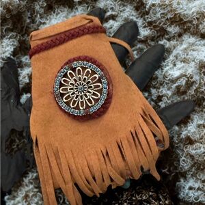 Fringed Tan Pouch with Decorative Medallion